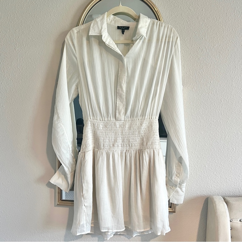 rag & bone Dress Women’s Size Small Sheer White Silk-Blend Pockets Smocked Waist